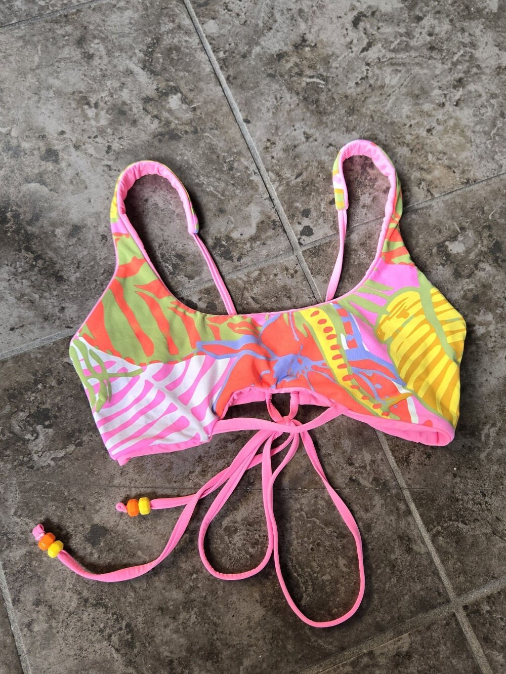 Maaji Reversible Swim Top Tie Back Bikini Pink Neon Tropical Print S